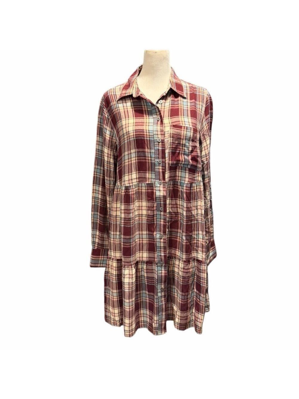 Loft Plaid Tiered Shirtdress Button Front Long Sleeves Chest Pocket NWOT Size S - Picture 1 of 6